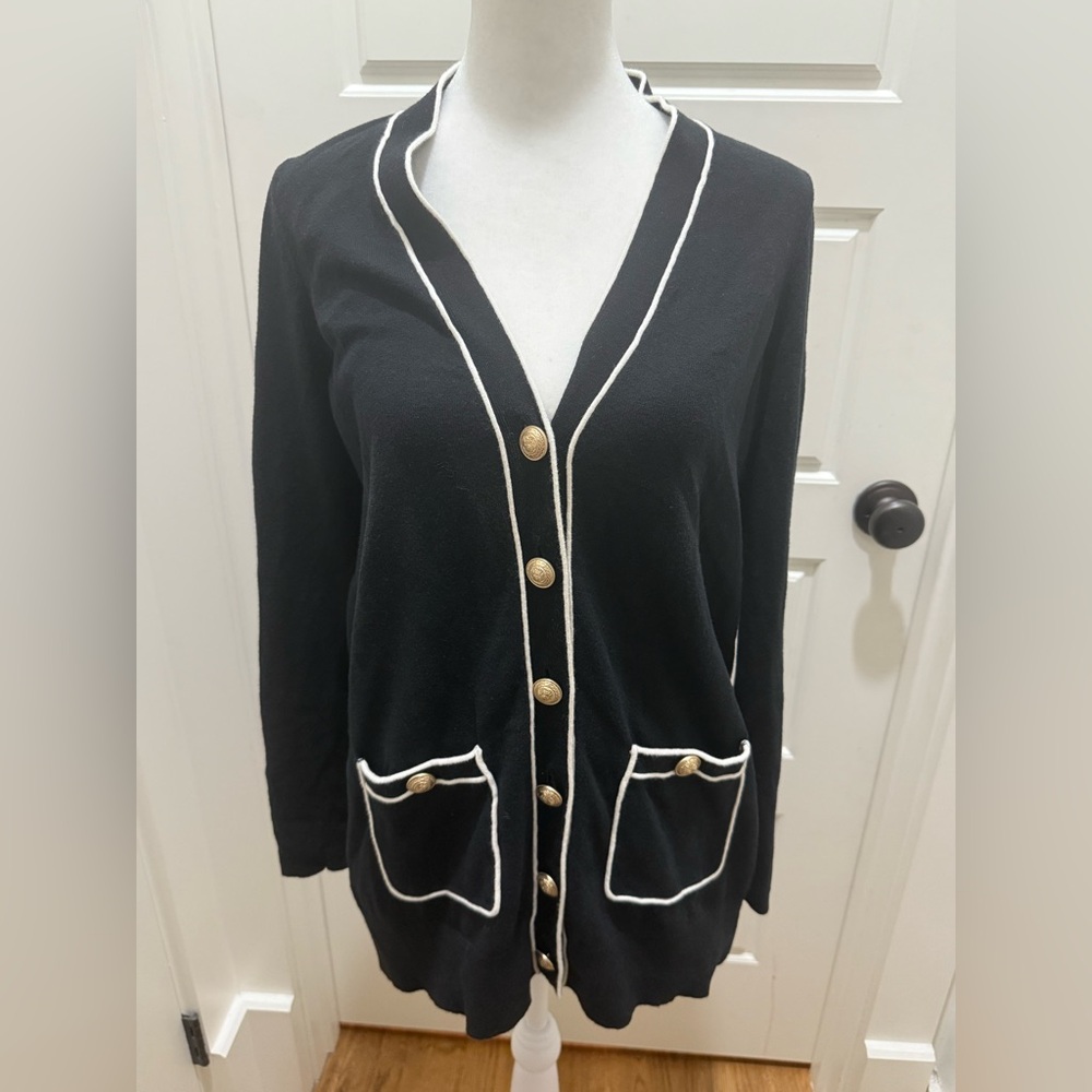 L'AGENCE. Black & White Ronny Piped Wool and Cotton Cardigan. Size Medium. - Picture 3 of 10